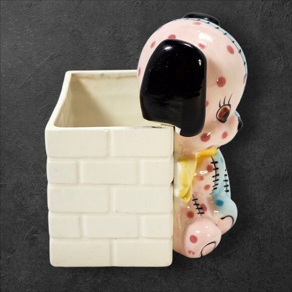 Vintage Napco K2222 Patchwork Puppy Planter Pink & Blue Ceramic Japan Transition - Picture 5 of 12